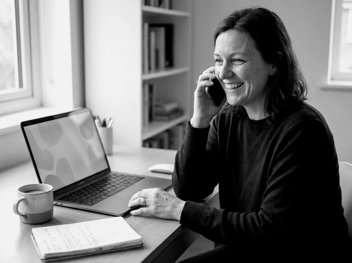 A business owner smiling while taking a phone call at her desk
