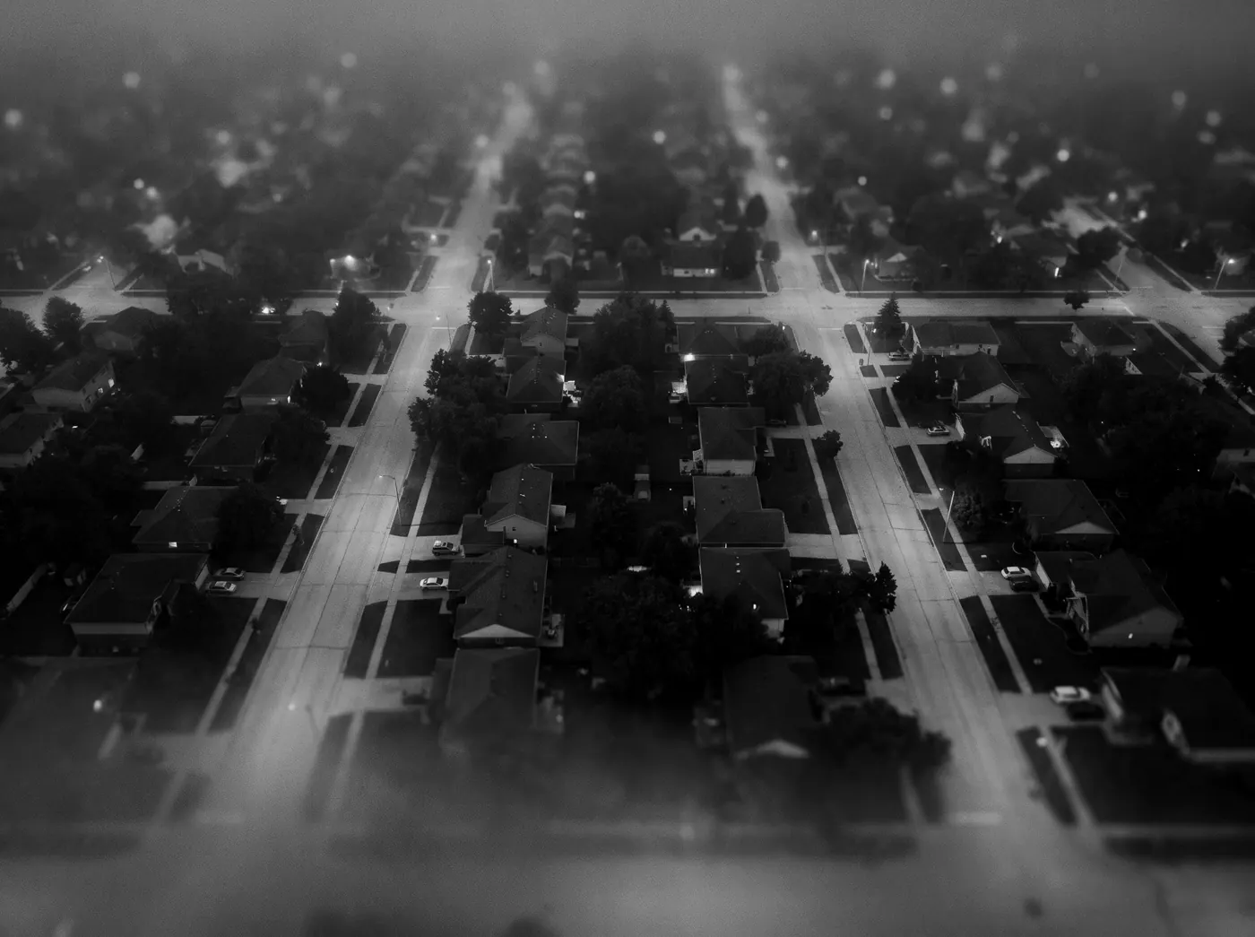 A suburban town grid at blue hour