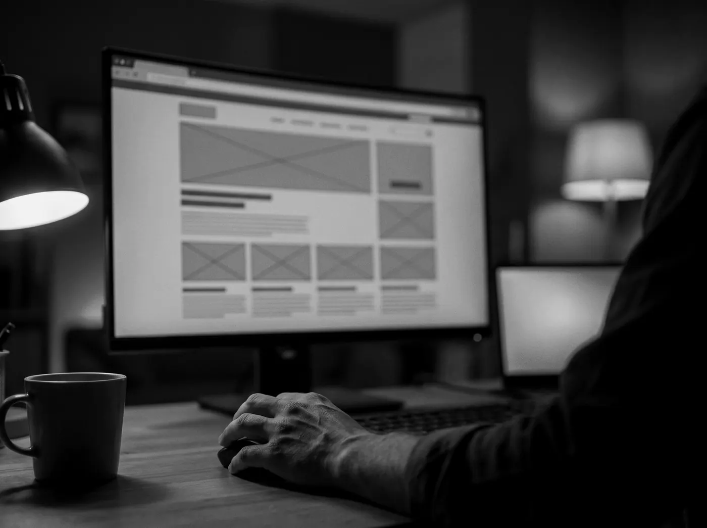 A website wireframe on a monitor in a dark office