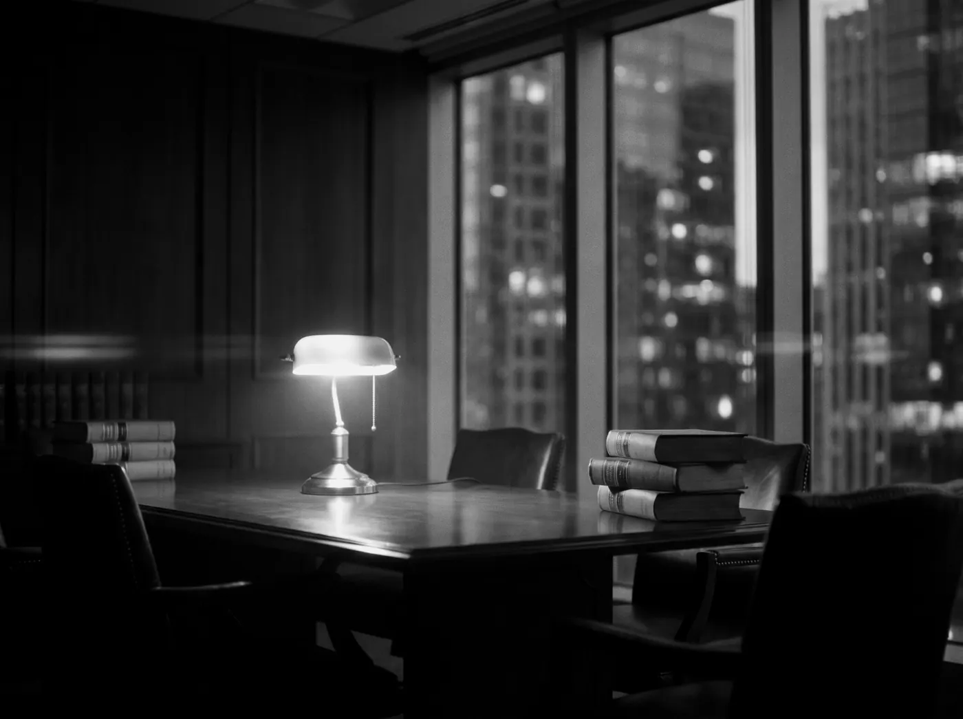A law firm conference room at night with the city skyline behind