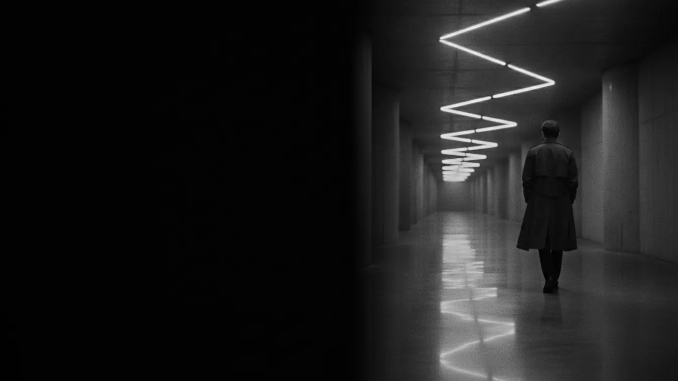 A figure walking down a long concrete corridor lit by thin ceiling lights