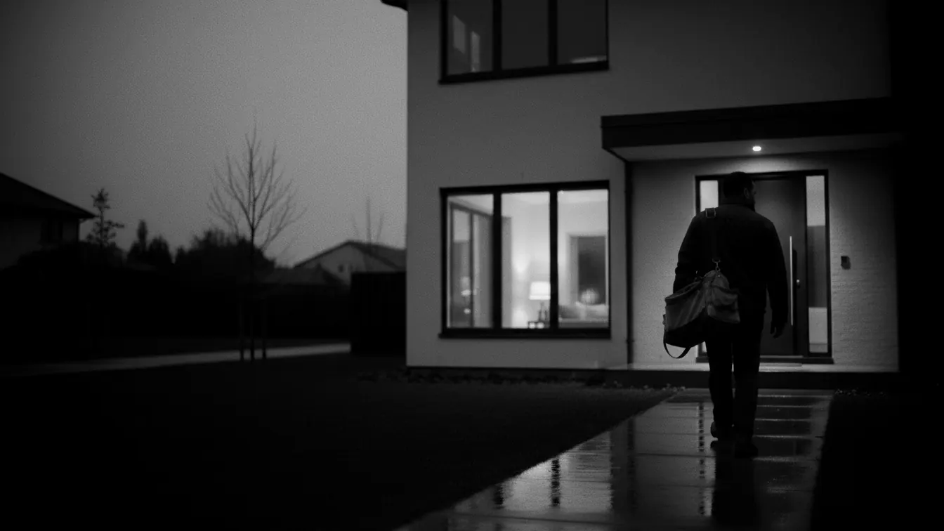 A technician walking up to a customer's front door at dusk
