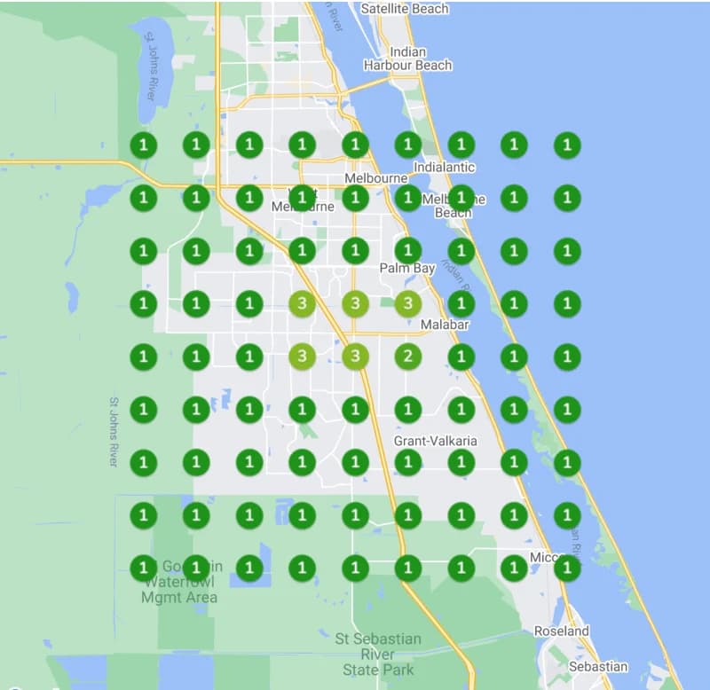 Google Maps rank grid for Premier Heating & Cooling on the search palm bay air conditioning repair