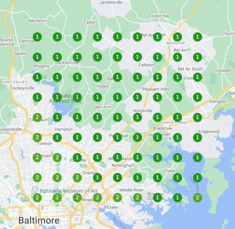 Google Maps rank grid for Pure Air HVAC on the search bel air hvac repair
