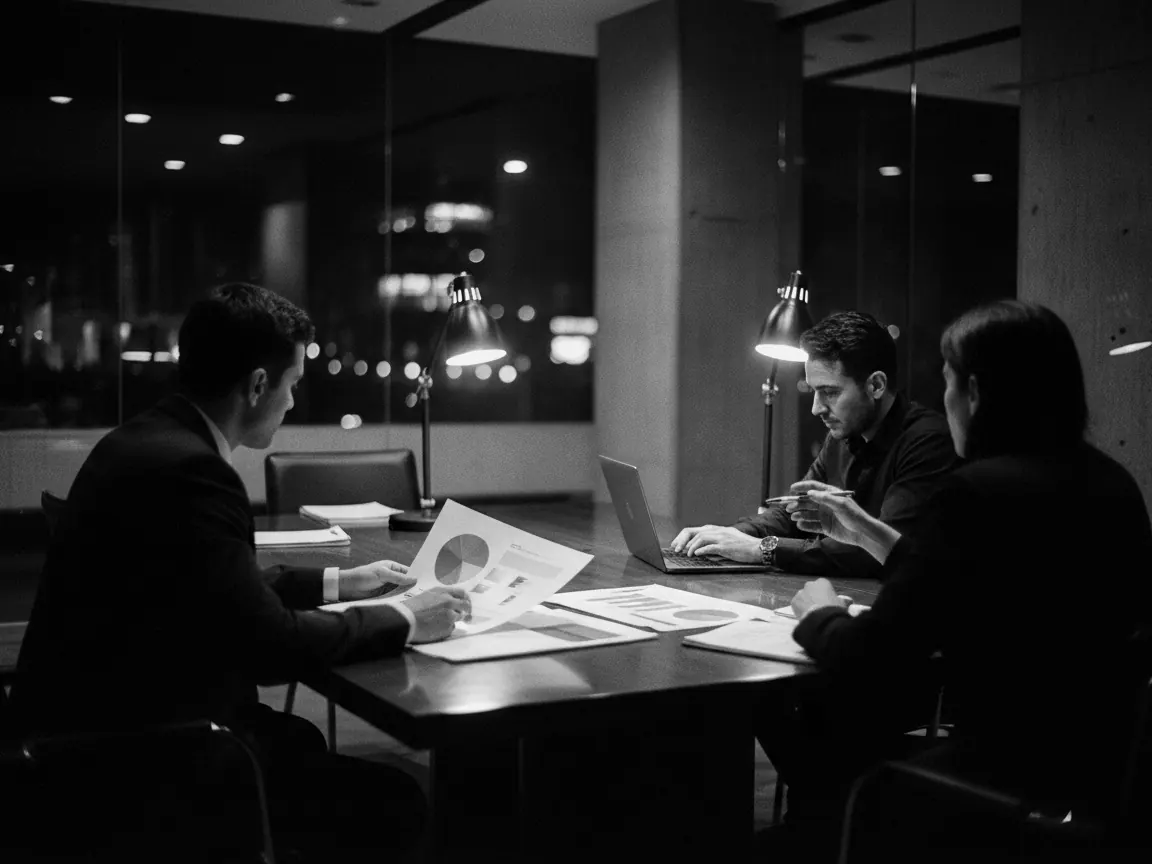 A small team reviewing reports at night